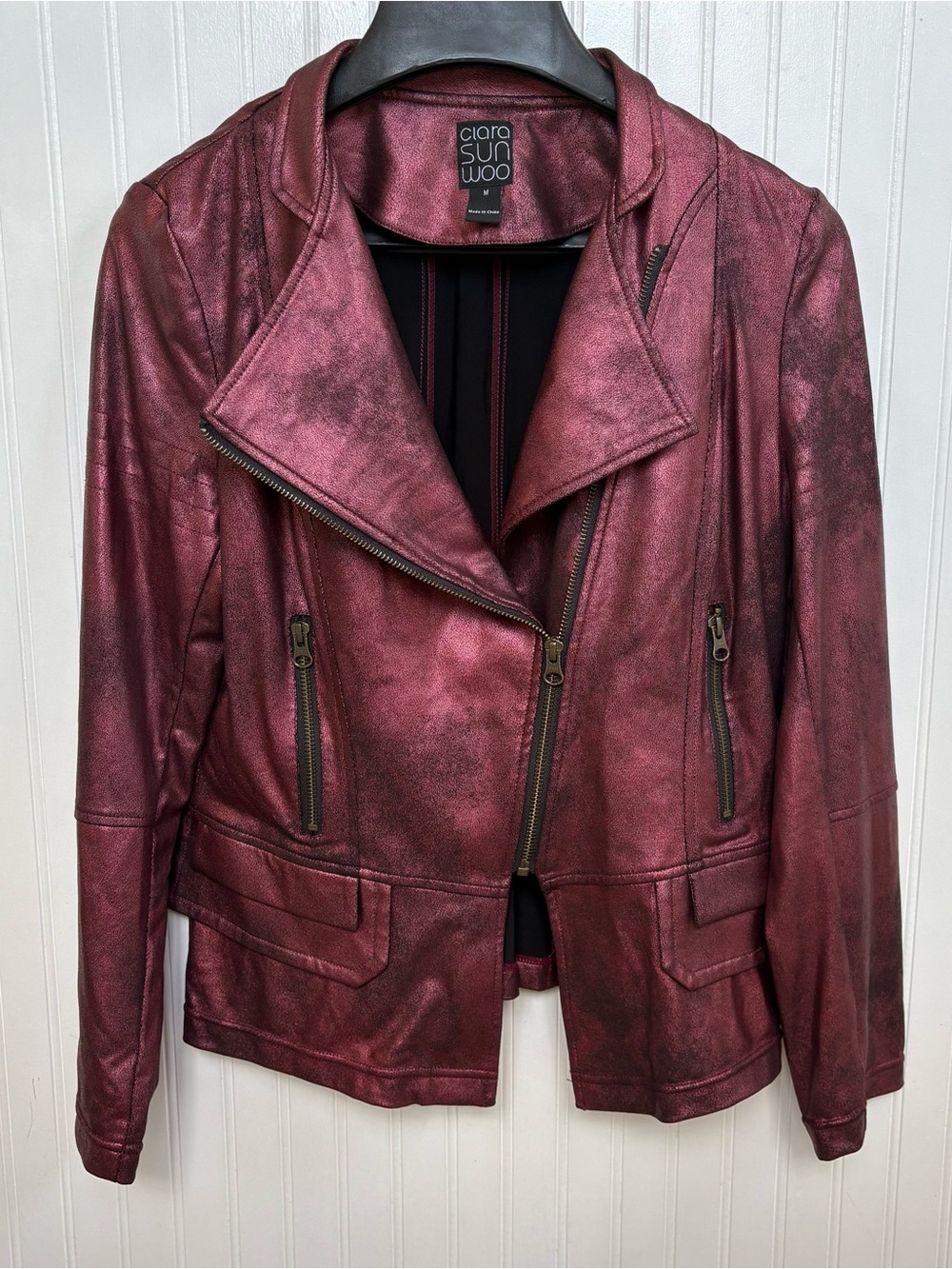 Clara Sun Woo Women’s Medium Burgundy Metallic Liquid Leather Moto Biker Jacket
